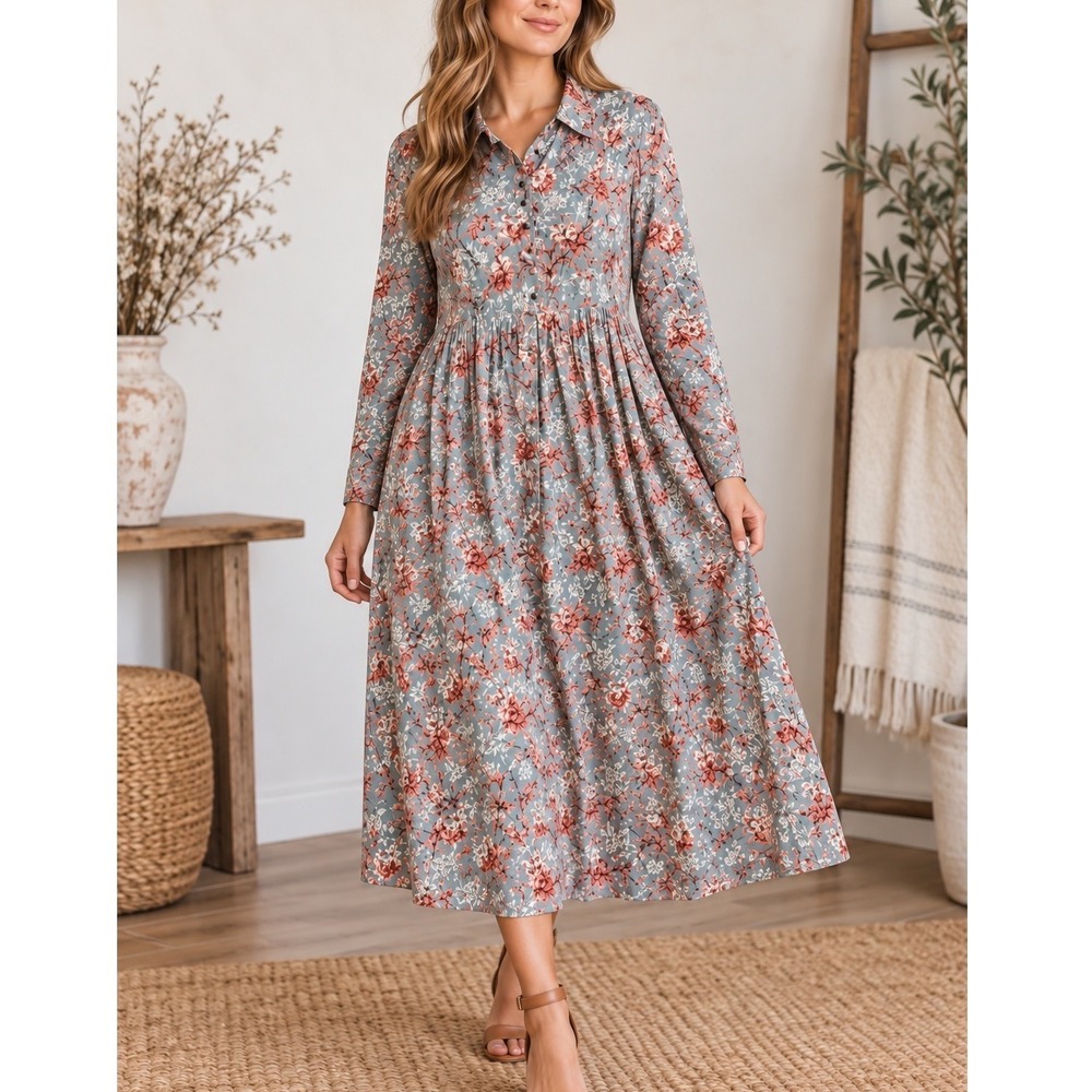 April Cornell Floral Rayon Midi Dress Fall Long Sleeve Button Front Pockets L